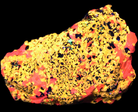 Fluorescent cuspidine in calcite under shortwave UV light Fluorescent cuspidine in calcite under shortwave UV light