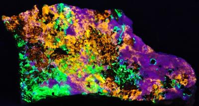 Clinohedrite, hardystonite, willemite, andradite garnet and franklinite from Franklin, NJ under shortwave UV Light