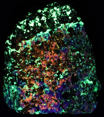 Clinohedrite, hardystonite, willemite and franklinite from Franklin, NJ under shortwave UV Light