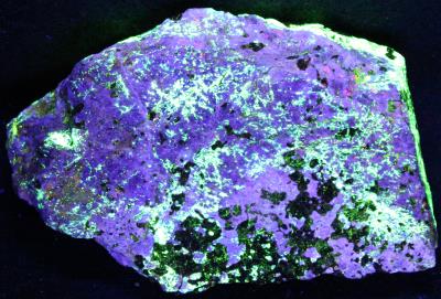 Hardystonite (SW FL lilac, LW FL cream), willemite, franklinite, Franklin NJ under shortwave UV Light