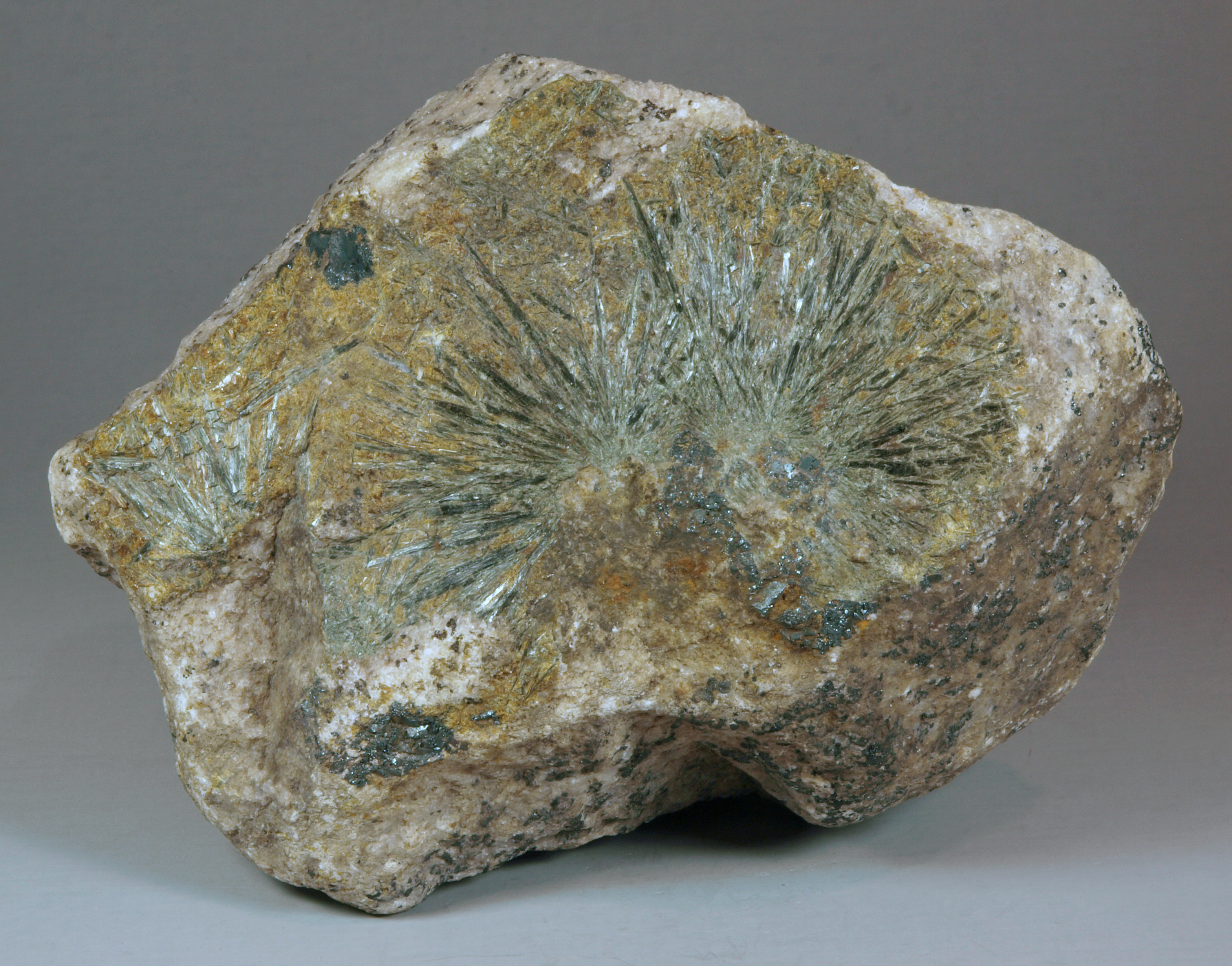 Radiating sprays of long, almost needlelike crystals of dark green actinolite intergrown with amber-brown garnet