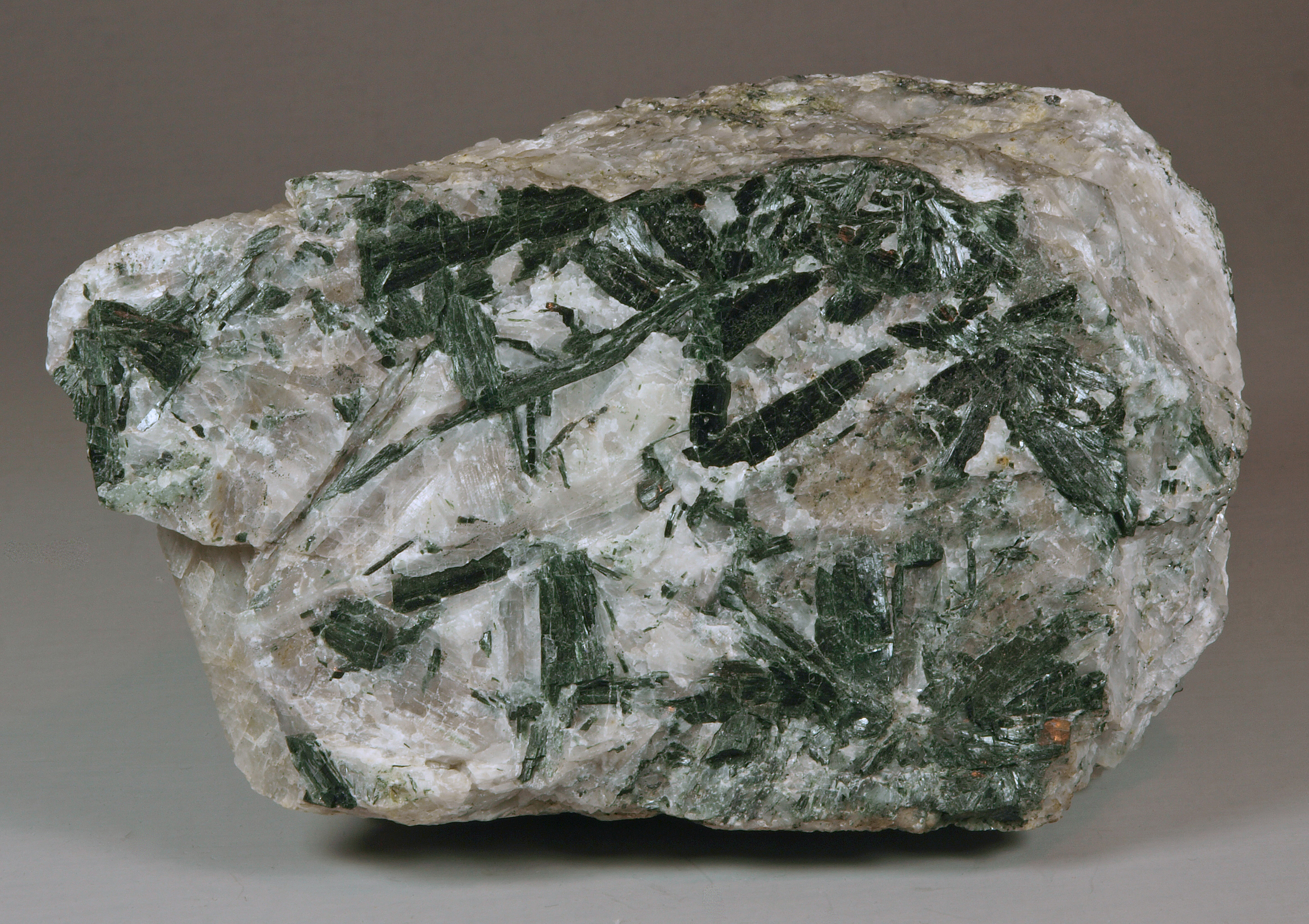 Long-bladed crystals of dark green actinolite in a matrix of coarse-grained, pale gray calcite, tiny grains of franklinite 
