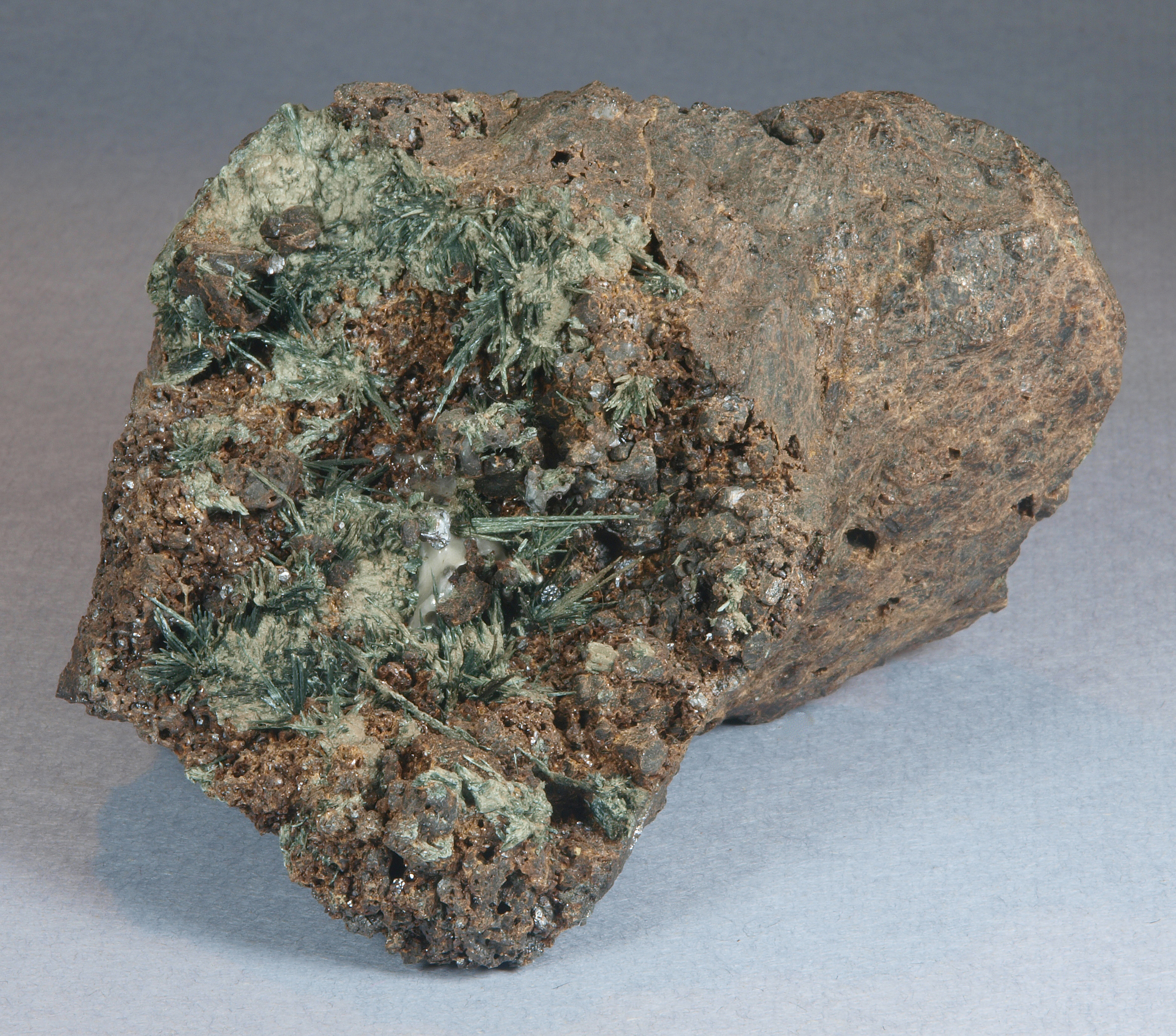Radiating sprays of dark green, acicular actinolite crystals 0.5-2 cm long on brown andradite crystals