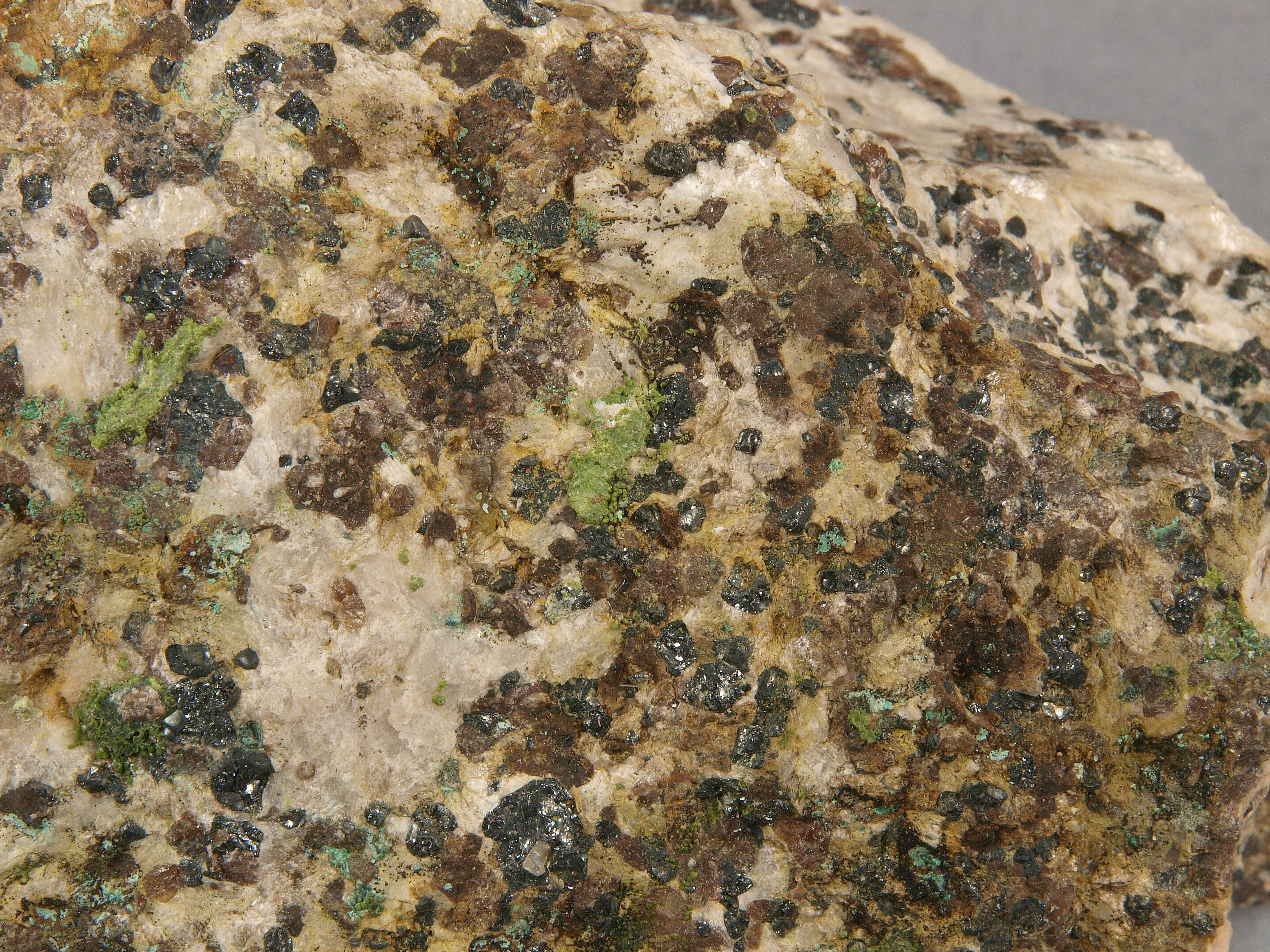 Coatings of green adamite franklinite-willemite-calcite ore,Sterling mine, Ogdensburg