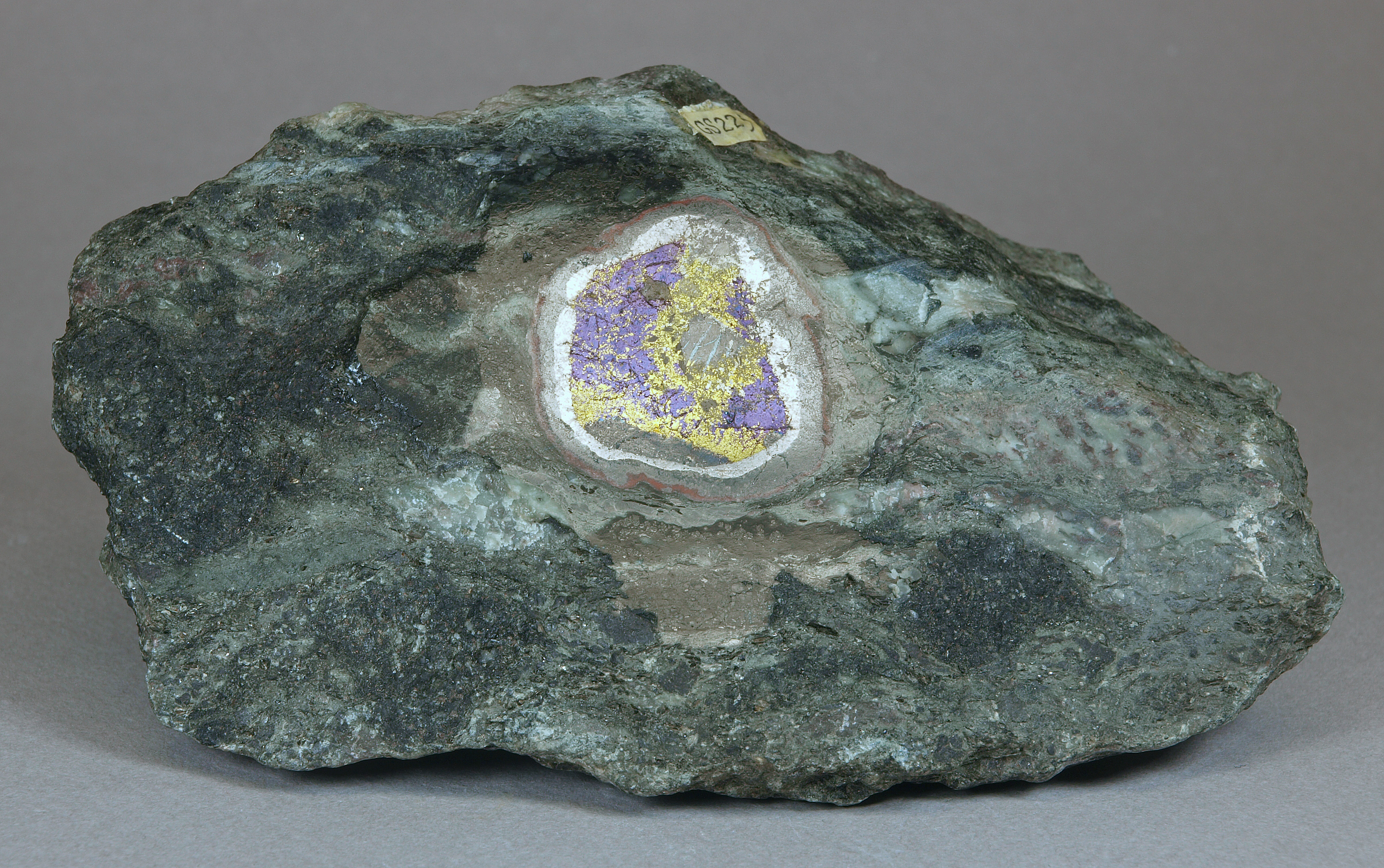 Bornite and chalcopyrite rimmed by magnetite and hematite, Sterling mine, Ogdensburg NJ