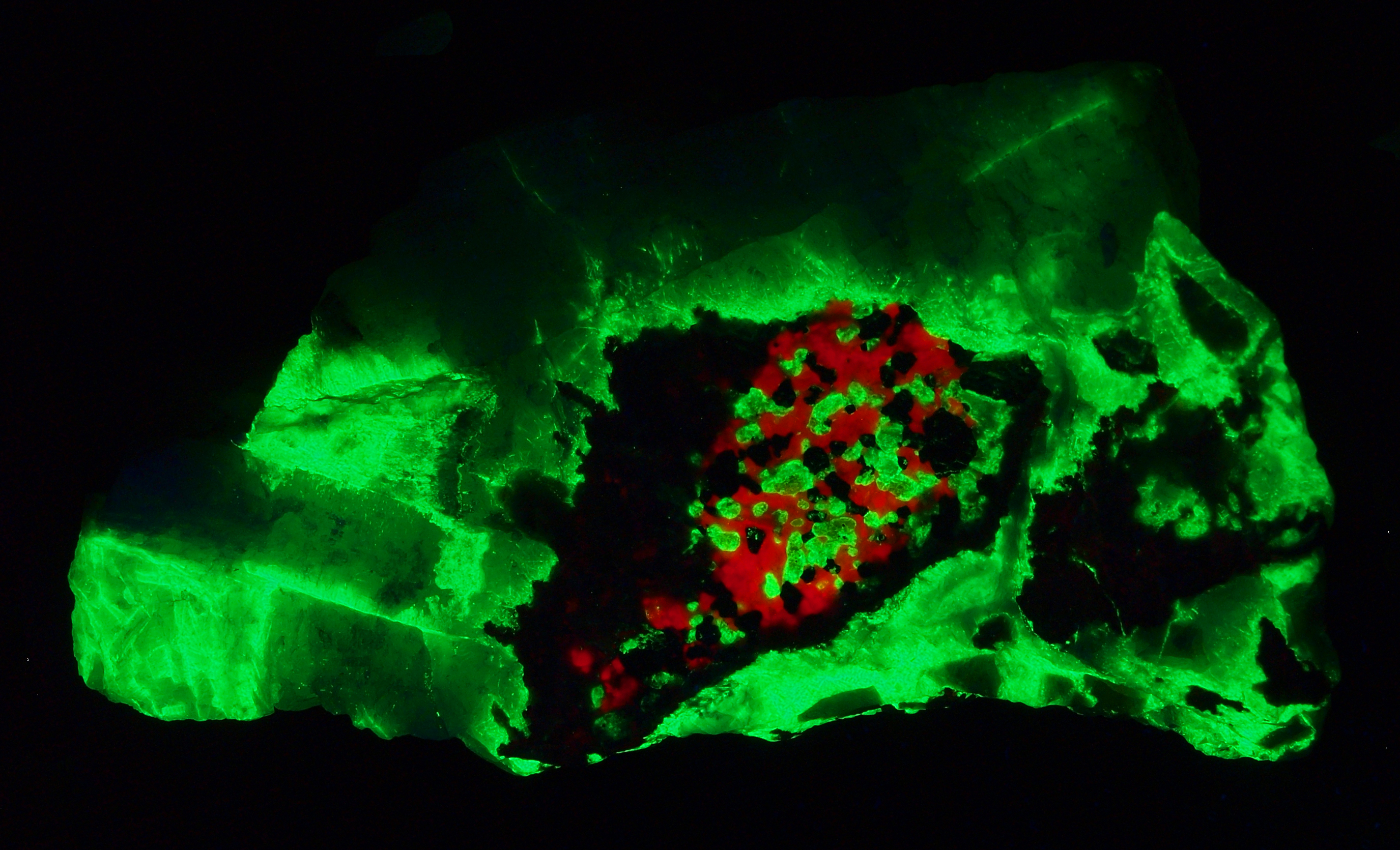 Massive white gypsum cementing altered clasts of granular franklinite-willemite-calcite ore under shortwave UV Light